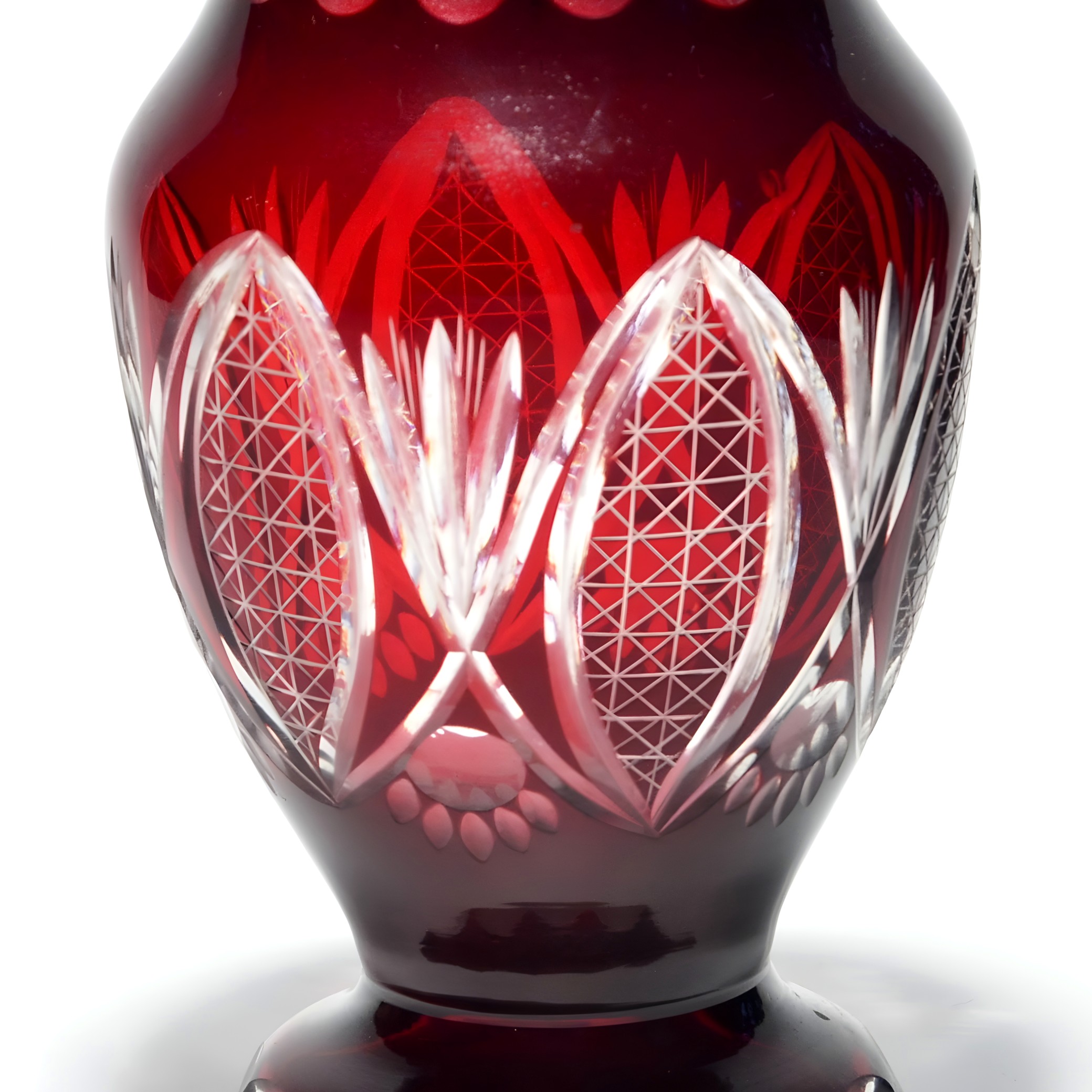 Wide Red Crystal Vase, Bold Geometric Pattern, Cut Glass Artistry